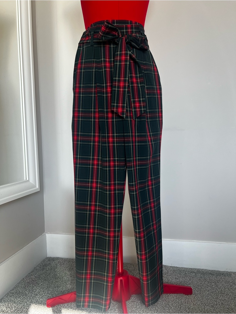 ANTONIO MELANI Black and Red Plaid Paperbag Waist Pants